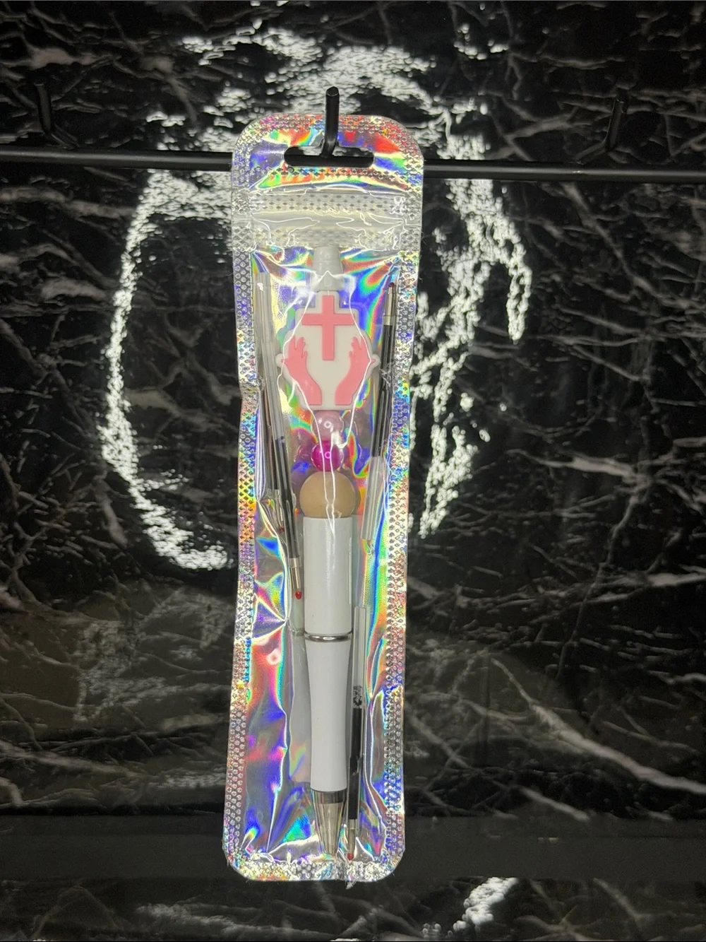 Pink Cross Focal Bead Pen  Black and blue ink